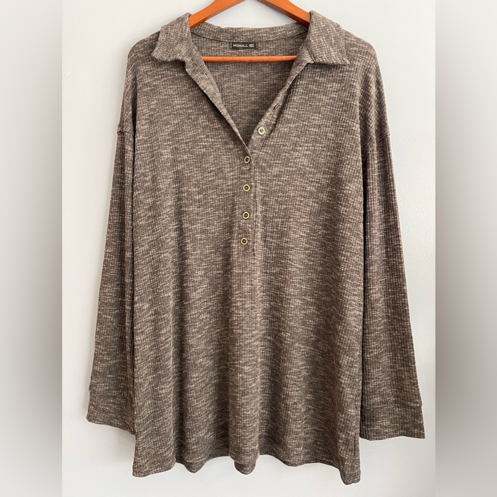 Miholl Charcoal Heather Gray Ribbed Long Sleeve V-Neck 3/4 Button Up Plus Sz XXL